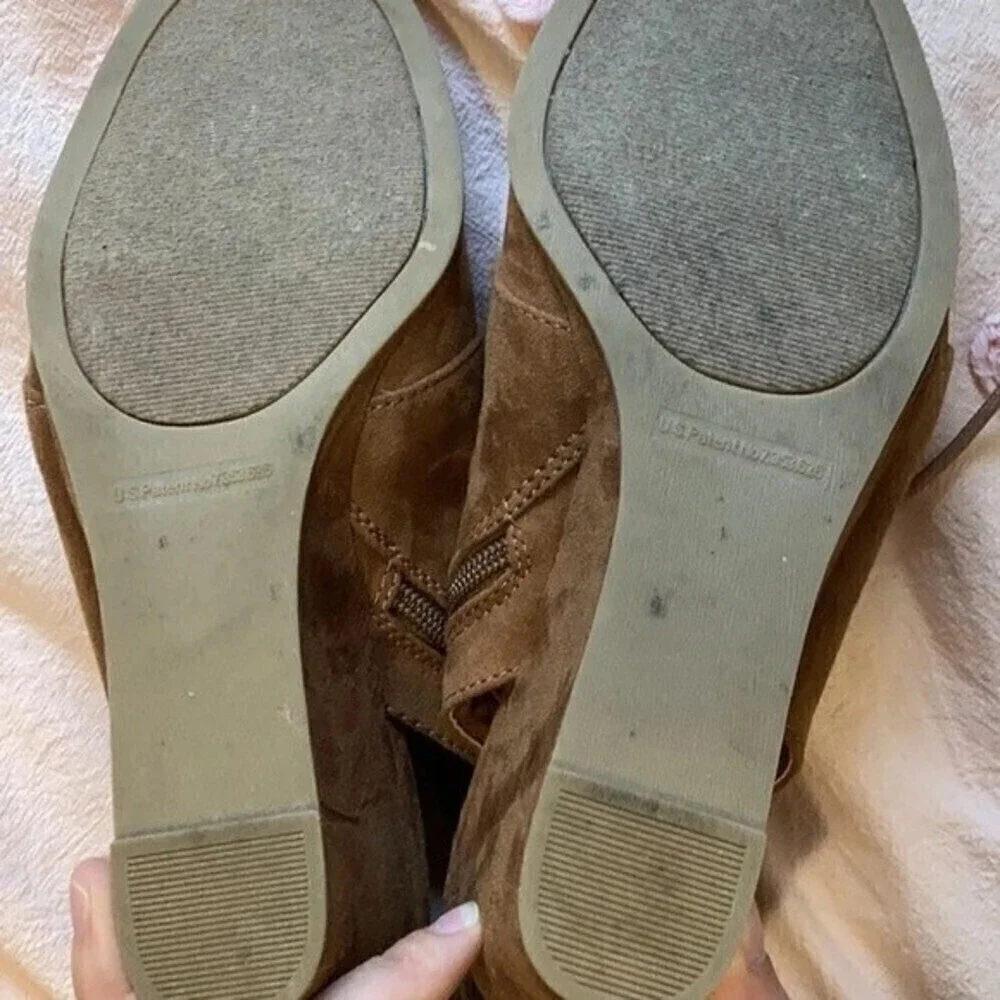 Brown suede peep toe wedge heels